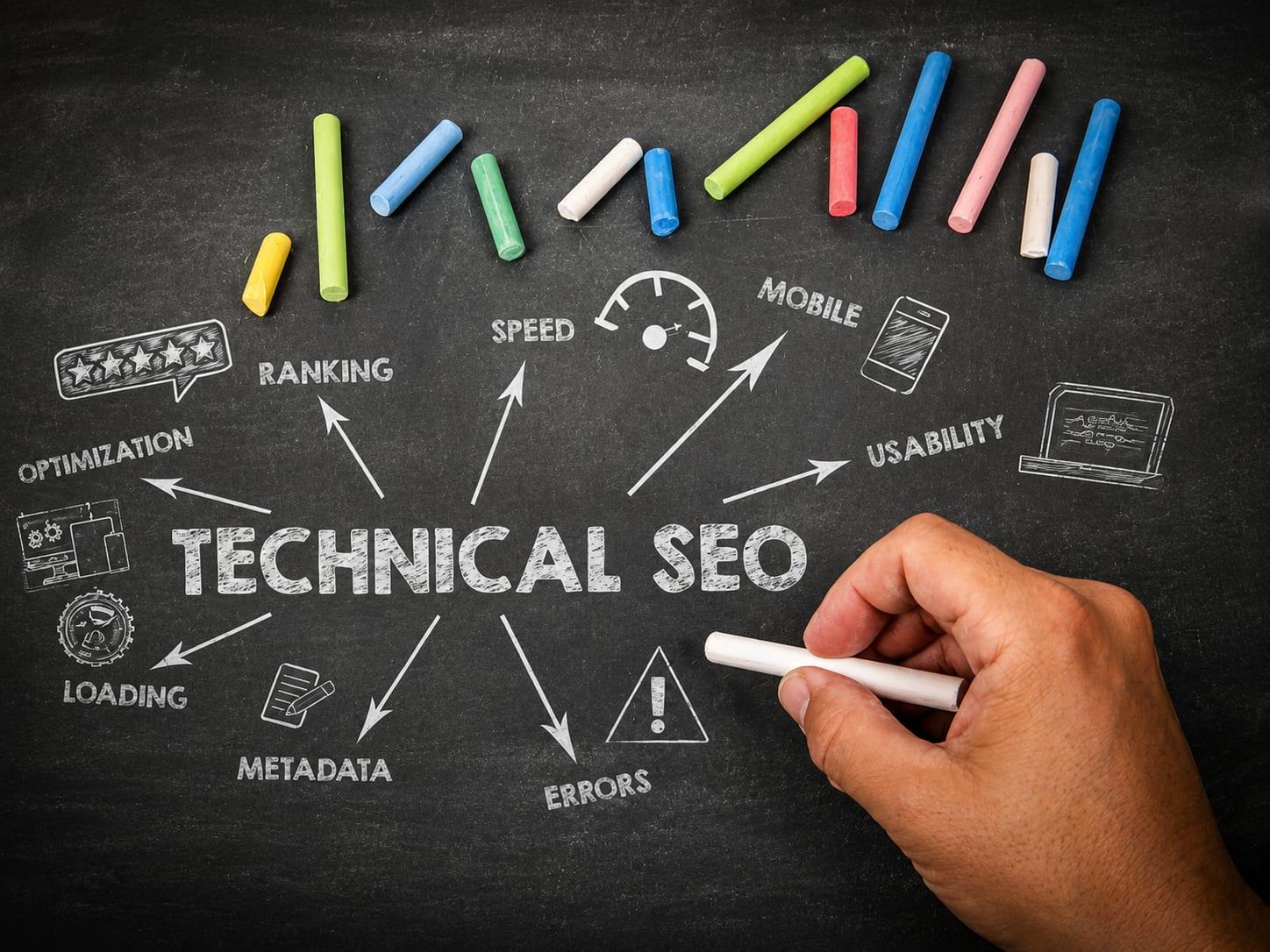 Tafel mit Begriffen zu technischem SEO wie Ranking, Speed und Mobile, dazu eine Hand mit Kreide